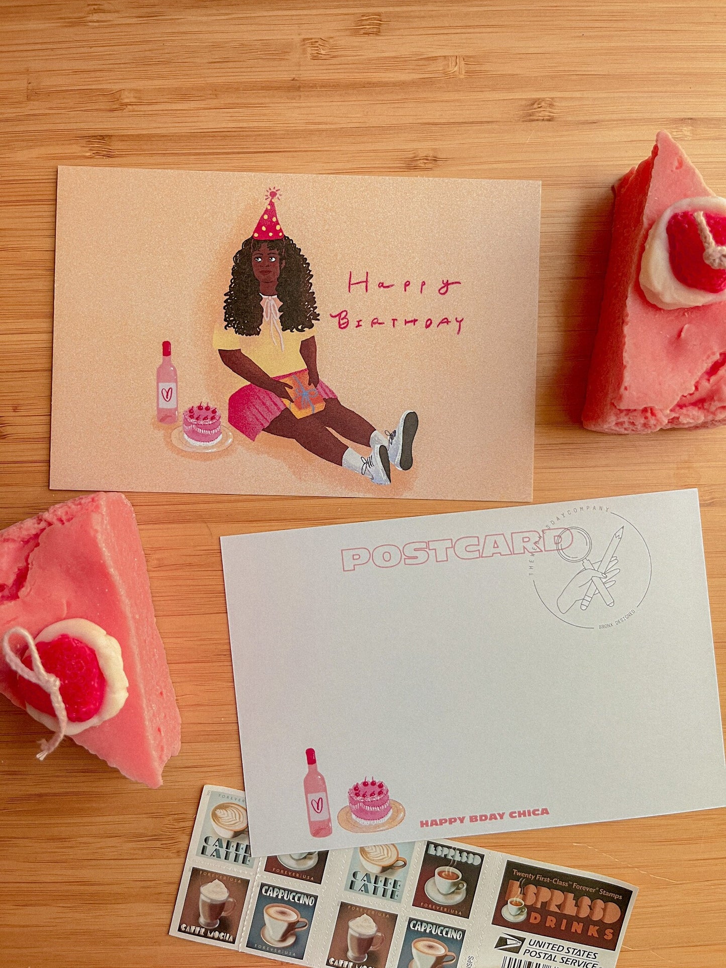 Relaxing HBD Chica Postcard // Cute Cake & Wine BDAY Chill Postcard // Birthday Postcard
