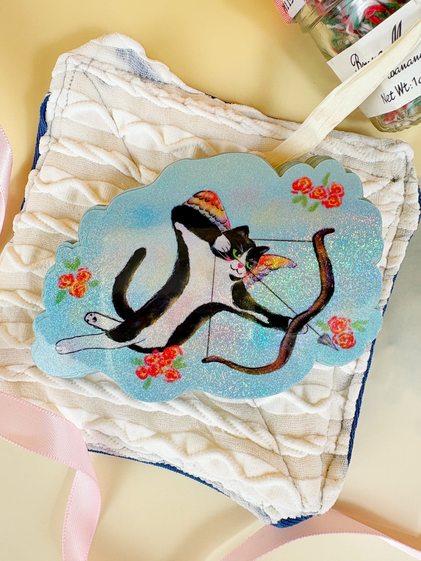 Angelic Gatito Winged Tuxedo Cat Glitter Sticker