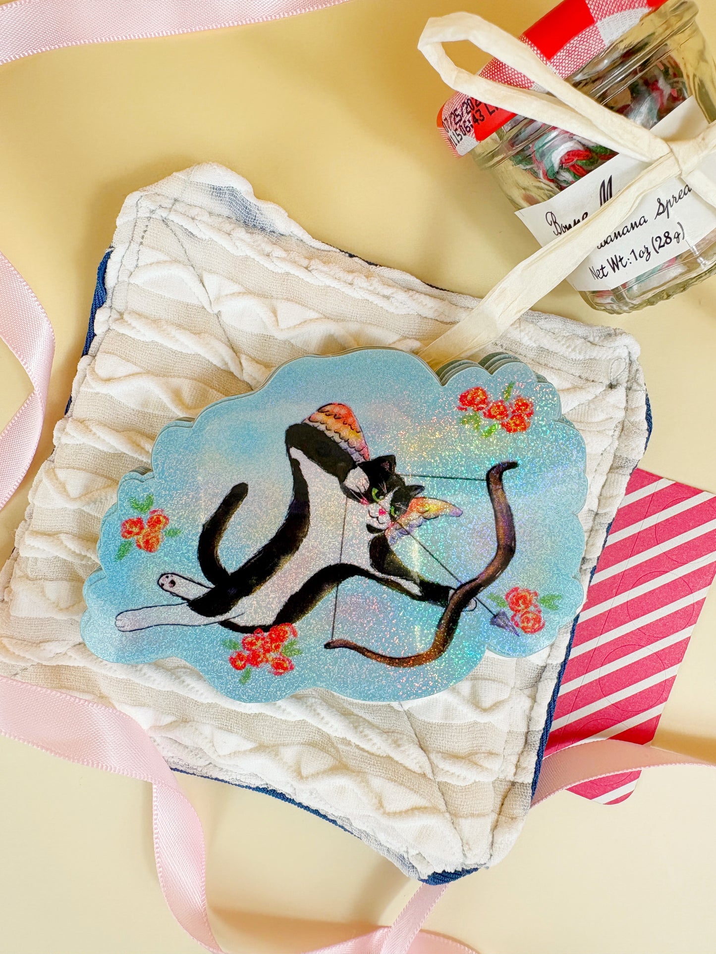 Angelic Gatito Winged Tuxedo Cat Glitter Sticker