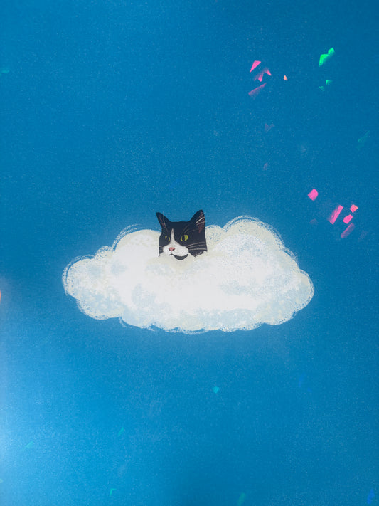 Cat in the Cloud Holographic Tuxedo Print