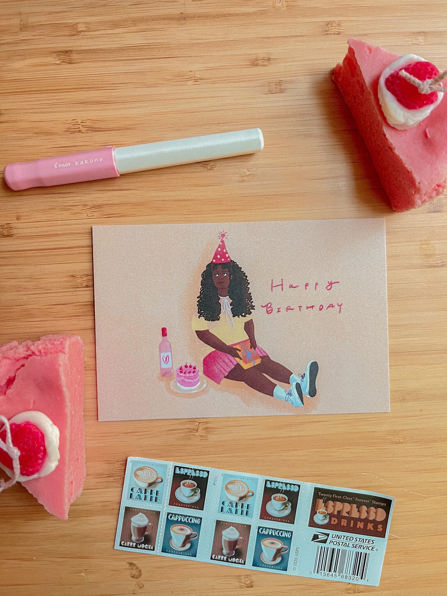 Relaxing HBD Chica Postcard // Cute Cake & Wine BDAY Chill Postcard // Birthday Postcard