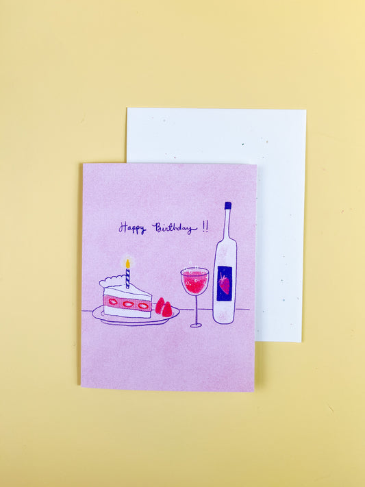 Happy Birthday Cake & Wine Greeting Card